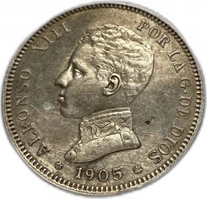 Španělsko, Alfonso XIII, 2 pesety 1905 (05) SMV, AUNC