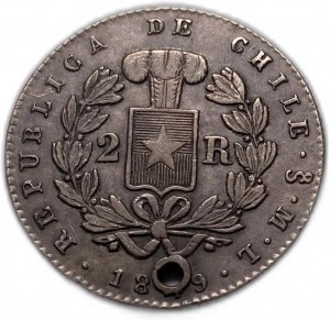 Chili 2 Reales 1849 ML, troué