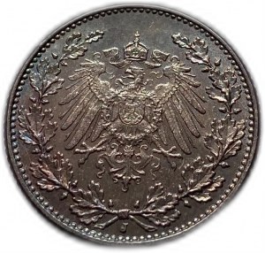 Germany, 1/2 Mark 1906 J, Toning