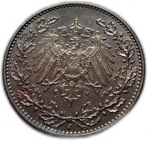 Niemcy, 1/2 marki 1906 J, tonowanie