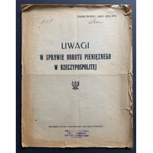 UWAGI W SPRAWIE OBROTU PIENIĘŻNEGO W RZECZYPOSPOLITEJ. Poznań [1921]