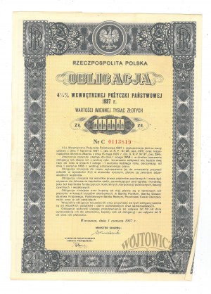 (OBLIGATION). République de Pologne Obligation 4 1/2% Emprunt d'Etat interne 1937.