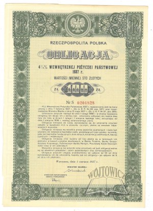 (OBLIGATION). République de Pologne Obligation 4 1/2% Emprunt d'Etat interne 1937.