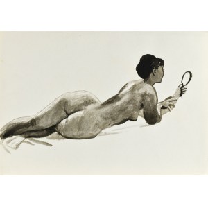 Ludwik MACIĄG (1920-2007), Nudo di donna distesa con uno specchio in mano