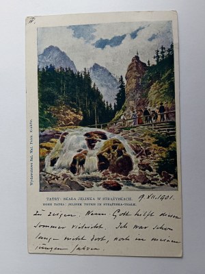 POCZTÓWKA TATRY SKAŁA JELINKA W STRĄŻYSKOACH, MALARSTWO POLSKIE, DŁUGI ADRES, PRZEDWOJENNA 1901 R, STEMPEL, ZNACZEK