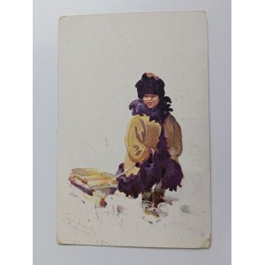 CARTOLINA TIPI VOLHYNIA, VOLHYNIA, WOLHYNISCHE TYPEN, SLITTA PER BAMBINI, INVERNO, ANTEGUERRA, SOVRAPPREZZO PER FRANCOBOLLI, FRANCOBOLLO