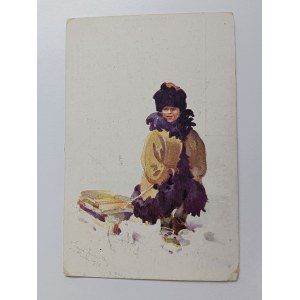 CARTE POSTALE VOLHYNIA TYPES, VOLHYNIA, WOLHYNISCHE TYPEN, CHILD SLED, WINTER, PRE-WAR, STAMP SURCHARGE, STAMP