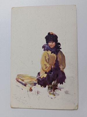 POSTCARD VOLHYNIA TYPES, VOLHYNIA, WOLHYNISCHE TYPEN, CHILD SLED, WINTER, PRE-WAR, STAMP SURCHARGE, STAMP