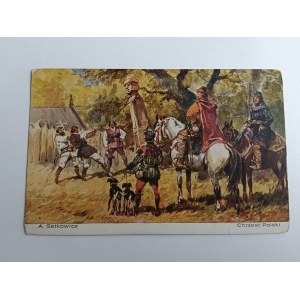 POSTCARD POLISH PAINTING SETKOWICZ CHRZEST POLSKI , DEMOLITION OF PAGAN IDOLS, HORSES, DOGS, PRE-WAR