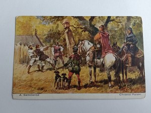 POSTCARD POLISH PAINTING SETKOWICZ CHRZEST POLSKI , DEMOLITION OF PAGAN IDOLS, HORSES, DOGS, PRE-WAR