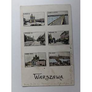 POSTCARD WARSAW, 6 VIEWS, ALEXANDERPLATZ, ROYAL STREET, CATHEDRAL, BRIDGE ON THE VISTULA, PRE-WAR 1916, STAMPED