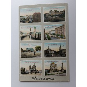 POSTKARTE WARSCHAU, 8 ANSICHTEN, NEUER AUSGANG, THEATERPLATZ, ZYGMUNT-SÄULE, MARSZAŁKOWSKA-STRASSE, BRÜCKE, BURGPLATZ, ORTHODOXE KIRCHE, VORKRIEGSZEIT 1916, BRIEFMARKE