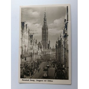 POHLEDNICE GDAŇSK DANZIG LONG STREET TOWN HALL 1943, ZNÁMKA, STMPEL, TRAMWAY