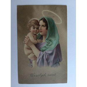 POSTCARD PAINTING MOTHER OF GOD WITH CHILD, PRE-WAR, STAMP