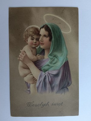 POSTCARD PAINTING MOTHER OF GOD WITH CHILD, PRE-WAR, STAMP