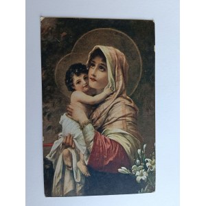 POSTCARD PAINTING MOTHER OF GOD WITH CHILD MADONNA, PRE-WAR, STAMP, STAMP, STAMP