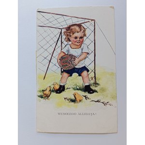 TIMBRE LIMANOWA, PEINTURE POLONAISE PRUSZYŃSKA, PÂQUES, ENFANT JOUANT AU FOOTBALL, FOOTBALL, AVANT-GUERRE