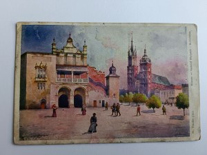 POSTCARD PAINTING POLISH TONDOS KRAKÓW KOŚCIÓŁ MARIACKI I SUKIENNICE, PRE-WAR, STAMP CENSORSHIP, ZENSURIERT