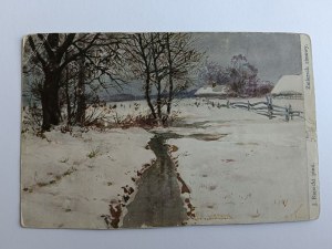 POSTCARD POLISH PAINTING RAPACKI WINTER TWILIGHT PRE-WAR 1912