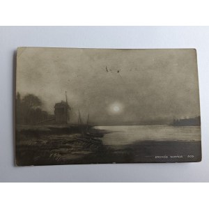 CARTE POSTALE PEINTURE POLONAISE COUCHER DE SOLEIL, TIMBRE, TIMBRE, AVANT-GUERRE, DĄBROWA 1910