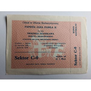 TICKET, EINTRITTSKARTE KRAKÓW BŁONIE, MASS ZU EHREN DES HEILIGEN STANISŁAW BISCHOFS VON KRAKÓW, PAPST JAN PAWEŁ II, ERZBISCHOF FRANCISZEK MACHARSKI, 10. JUNI 1979