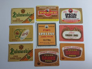 SET OF 9 BEER LABELS, ELBLĄG BREWERY, ŻUŁAWSKIE PIWO JASNE PEŁNE, SPECIAL ELBLĄG, PWIO ELBLĄSKI ZDRÓJ