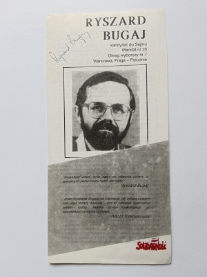 BROCHURE, TRACT ÉLECTORAL, NSZZ SOLIDARNOŚĆ, RYSZARD BUGAJ, WARSAW, PARLIAMENTARY CANDIDATE