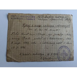 LETTERA DI KOBIERZYN KRAKÓW, ESTRATTO DEL LIBRO, UFFICIO PARROCCHIALE, TIMBRO, 1952
