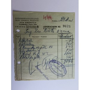 KRAKOW KRAKAU, SZEWSKA ULICA, SCH GRUNFELD, ÚČET ZA PREDAJŇU ŽELEZIARSKEHO TOVARU, 1941, PEČIATKA