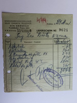 KRAKOW KRAKAU, SZEWSKA STREET, SCH GRUNFELD, IRON GOODS WAREHOUSE BILL, 1941, STAMP