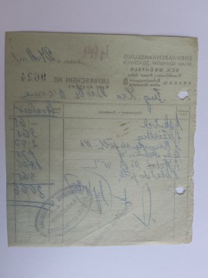 KRAKOW KRAKAU, SZEWSKA STREET, SCH GRUNFELD, IRONMONGERY STORE BILL, 1941, STAMP