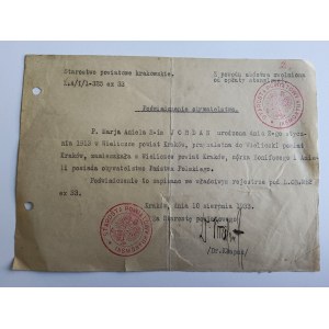 KRAKÓW, WIELICZKA, DISTRETTO STAROSTY, CERTIFICATO DI CITTADINANZA, 1933, TIMBRO