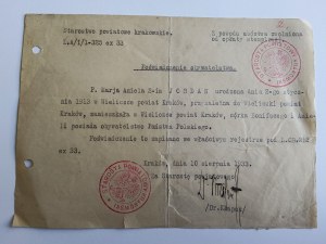 KRAKÓW, WIELICZKA, OKRES STAROSTY, OSVĚDČENÍ O OBČANSTVÍ, 1933, RAZÍTKO