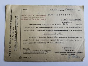 KRAKÓW VESTA BANK VZÁJOMNÁ POISŤOVŇA, KRAKÓW, POZNAŃ, LIST 1937, WOLA JUSTOWSKA, PEČIATKA