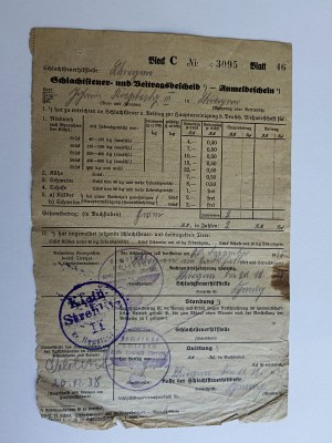 STRZELECZKI KLEIN STREHLITZ, RACHUNEK, 1938 R, PIECZĄTKA SWASTYKA