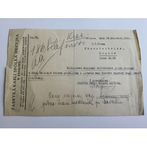 KRAKÓW, FABRYKA KABLI SPÓŁKA AKCYJNA, LETTERA, 1930