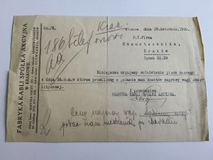 KRAKÓW, FABRYKA KABLI SPÓŁKA AKCYJNA, PISMO, 1930 R