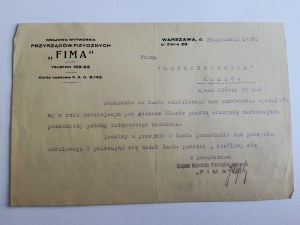 VARSOVIE, USINE NATIONALE D'INSTRUMENTS PHYSIQUES FIMA, LETTRE 1928