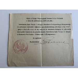 KIELCE, COPY FROM BOOK OF ORDINANCES OF PRESIDENT OF S. O., DISTRICT COURT, STAMP, 1927