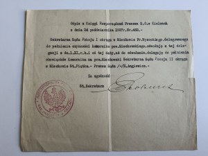 KIELCE, COPIE DU REGISTRE DES ORDONNANCES DU PRÉSIDENT DU S. O., TRIBUNAL DE DISTRICT, TIMBRE, 1927