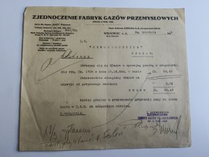 WEŁNOWIEC, KATOWICE, ZJEDNOCZENIE FABRYK GAZÓW PRZEMYSŁOWYCH, PISMO, 1929 R, STEMPEL