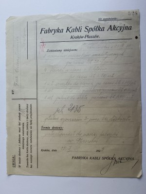 KRAKÓW PŁASZÓW, KABELFABRIK AKTIENGESELLSCHAFT, AUFTRAG, 1929
