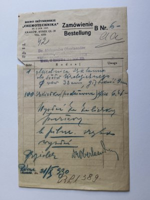 ROVNÝ, DR ALEKSANDER OBERLAENDER LEKÁR, KRAKOW CHEMOTECHNIKA, OBJEDNÁVKA, 1930