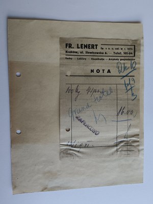 KRAKÓW, FR LENERT, SŁAWKOWSKA STREET, FACTURE, NOTE, 1941