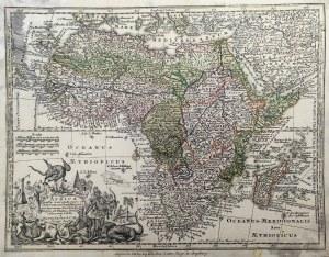 Map of Africa - Matthäus Seutter published ca. 1750 [ copperplate hand colored, decorative cartouche].