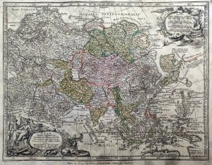 Map of Asia - Matthäus Seutter published ca. 1750 including Poland and cities such as Warsaw , Gdansk, Wroclaw, Krakow, Lvov and Vilnius [ copperplate hand colored, decorative cartouche].