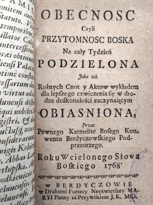 Presenza o coscienza divina divisa per un'intera settimana - Berdyczów 1768 [ Stamperia della Fortezza della Beata Vergine Maria - Monastero dei Carmelitani Scalzi di Berdyczów - Kresy ].
