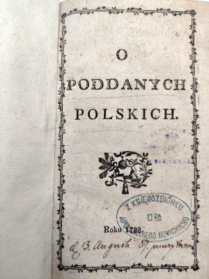 Ekslibris Bibl. Jagiellonian University - Pawlikowski Józef - O Poddanych Polskich - Roku 1788 [ peasants, serfdom, drunkenness ], an old print from the period of the Four-Year Sejm