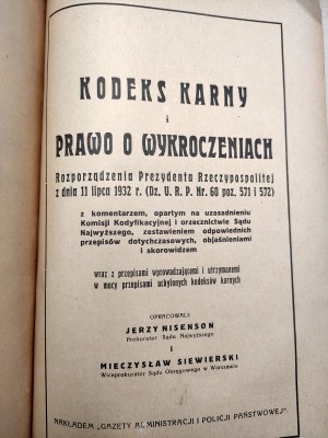 Nisenson J. - Karny Kodeks i prawo o wykroczeniach - Nakładem Gazety Administracji i Policji Państwowej - Warsaw 1932