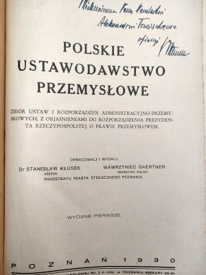 Kłusek S., Gaertner W. - Polskie prawo przemysłowe - Poznań 1930 [ First Edition].